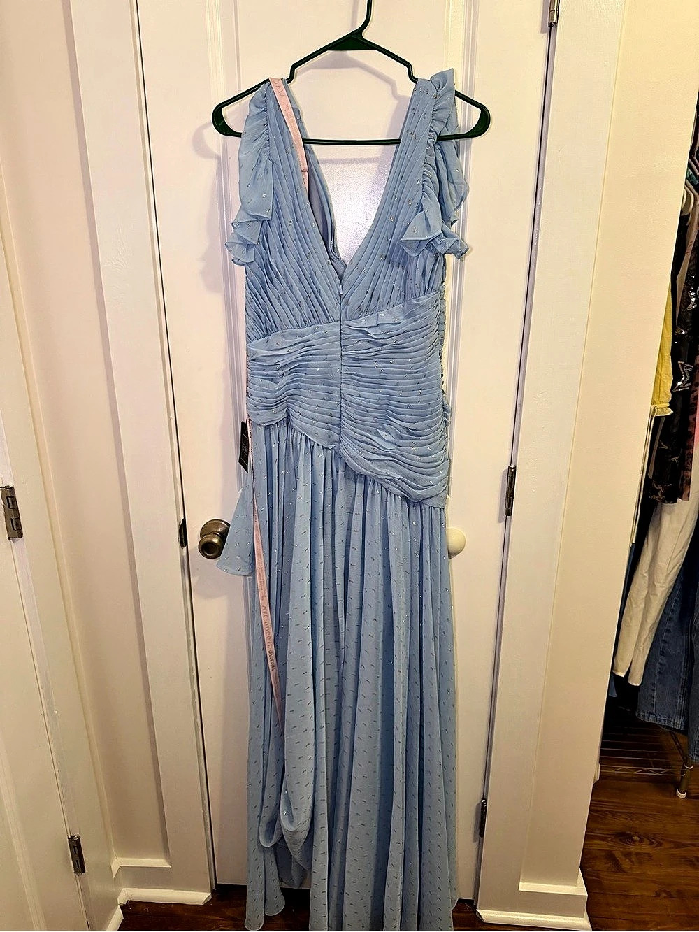 IEENA by Mac Duggal Pleated Organza Gown With Ruffle Straps Blue